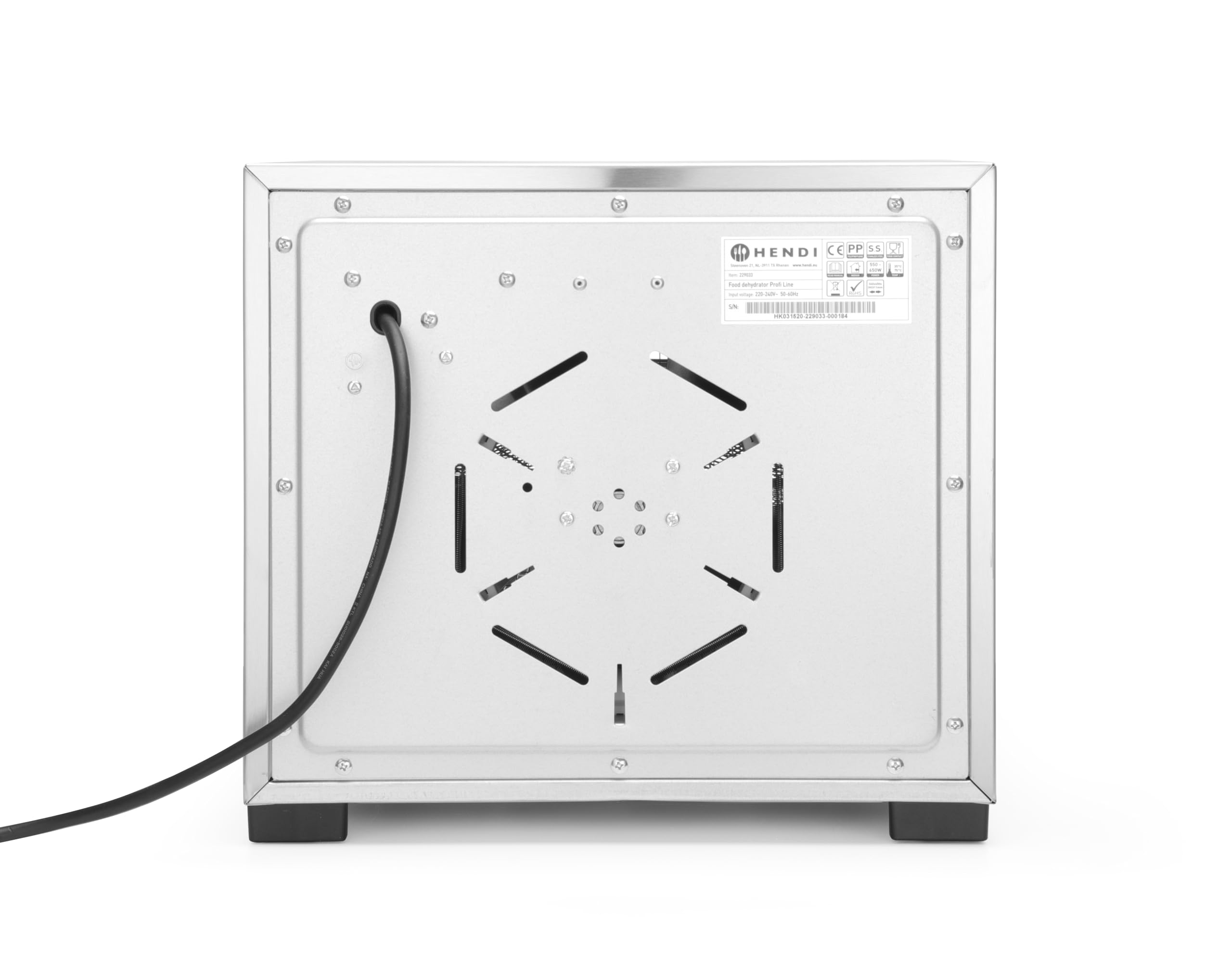 HENDI Essiccatore alimentare, con 6 griglie, per l’essiccazione di frutta, verdura e carne, timer, intervallo di temperatura da 35º a 75ºC, 230V/600W, 340x450x(H)311mm, acciaio inossidabile