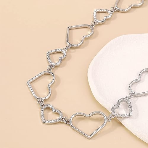 Miniatura 5 de Jumwrit Gargantilla de corazón de diamantes de imitación, lindo collar de corazón entrelazado, collar de cadena de corazón de amor brillante para