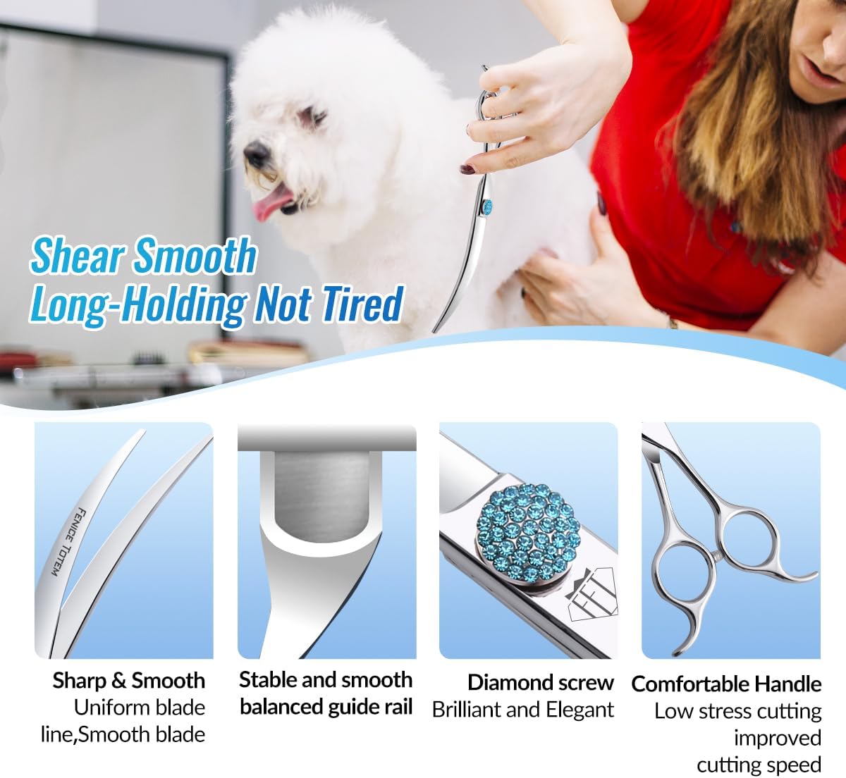 Fenice Professional Grooming Curved Shear: 45 Degree Super Curves Scissors for Dogs 7.5" Big Arc Curved Shears Made Of Japanese 440C Stainless Steel