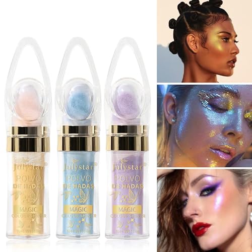 Polvo De Hadas Makeup Powder, Highlighter Powder Stick Body Shimmer Patting Powder Glitter High Gloss Sparkle Loose Brighten Face Body Lips Eyes Glow Cosmetic White Moonbeam (6 Colors Set) (Blue) #TOP1