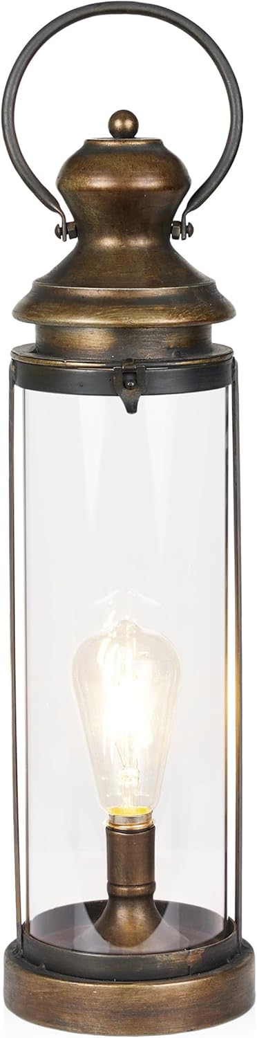 Alpine Corporation ILT102HH-L-GD Gold Metal & Glass Lantern with Warm White LED Light, LED Patio Light, 21" H, Large, Gold