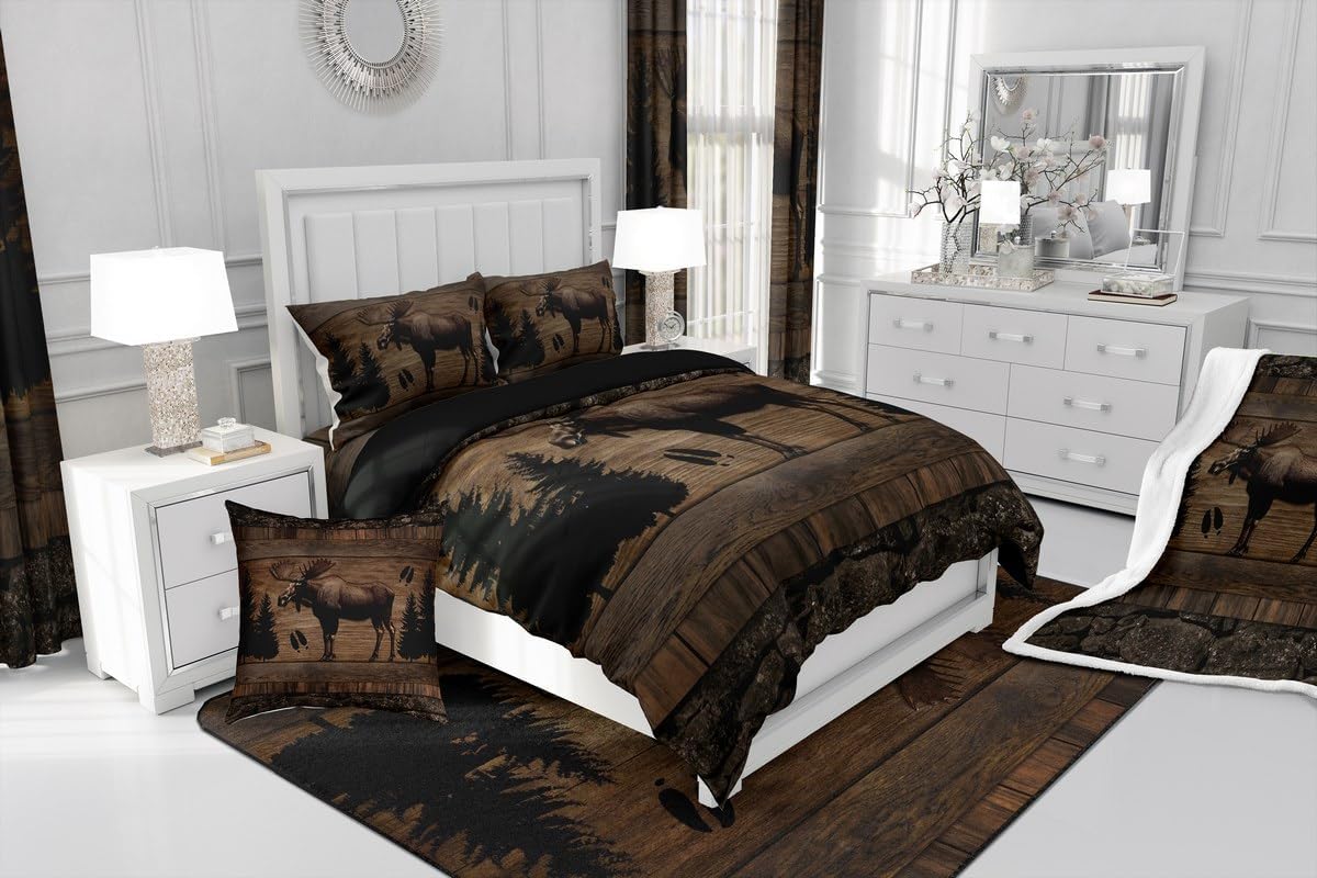 jejeloiu Moose Bedding Set Soft for Boys Girls, Woodland Moose Comforter Set Queen Size Wildlife Duvet Quilt Microfiber Rustic Cabin Country Bedroom Decor Hunting 3 Pcs with 2 Pillow Cases