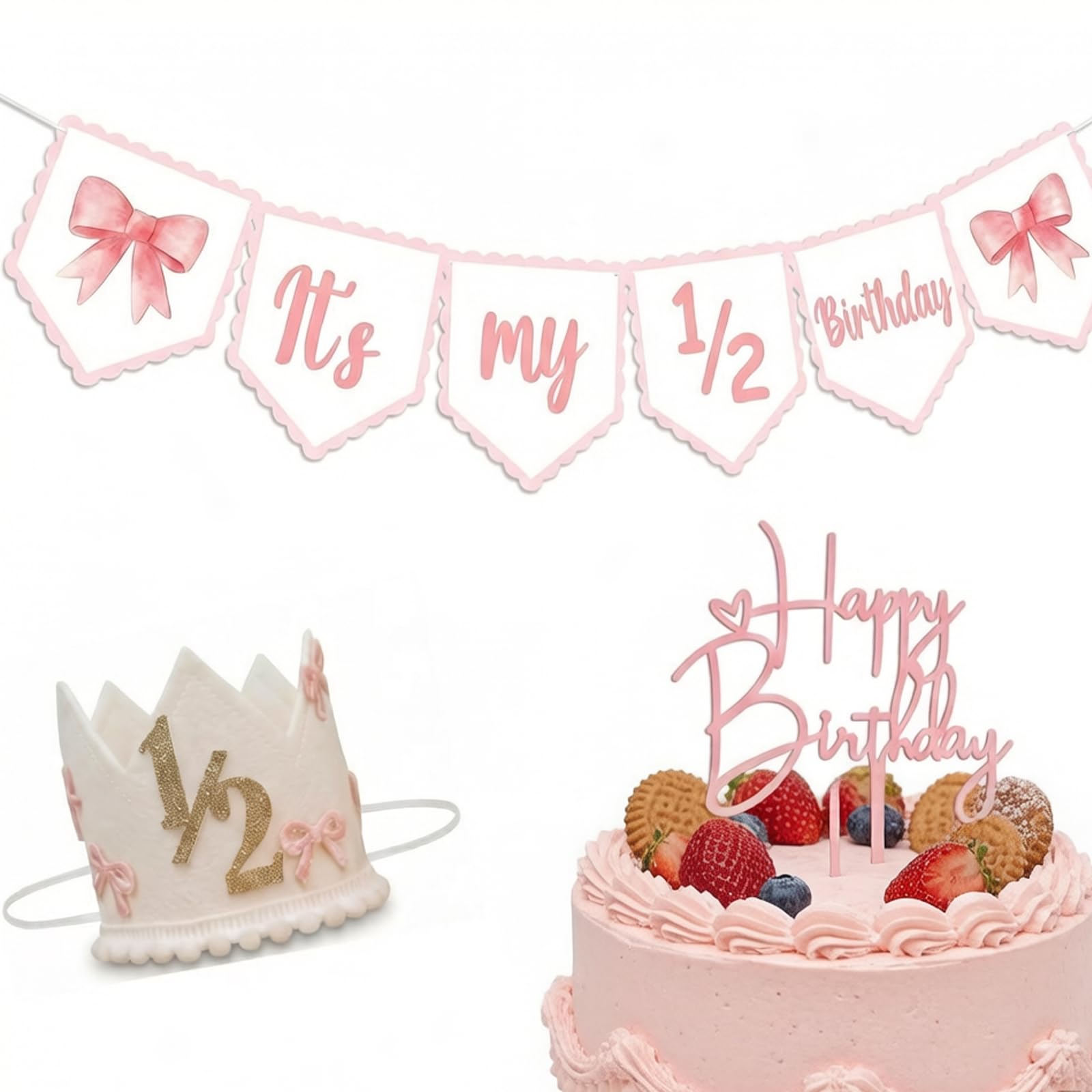 3pcs Half Way to One Half Birthday Decorations Set, 6 Months Birthday Decorations, Coquette-Style Party Banner with Cake Topper and Celebration Hat, Pink 1/2 Birthday Decoration