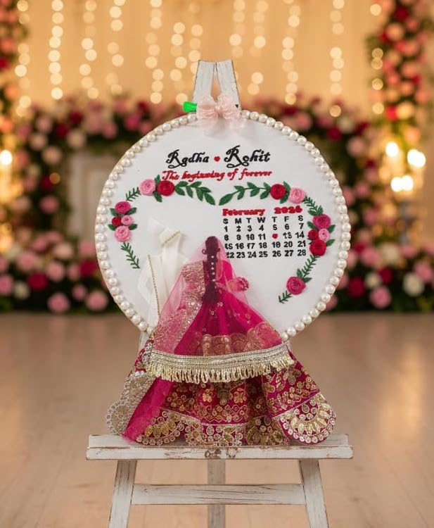 Personalized Wedding Embroidery Hoop with Calendar, Handmade Bridal Lehenga Frame, Custom Couple Name and Date, Engagement Anniversary Keepsake Wall Décor-image-28