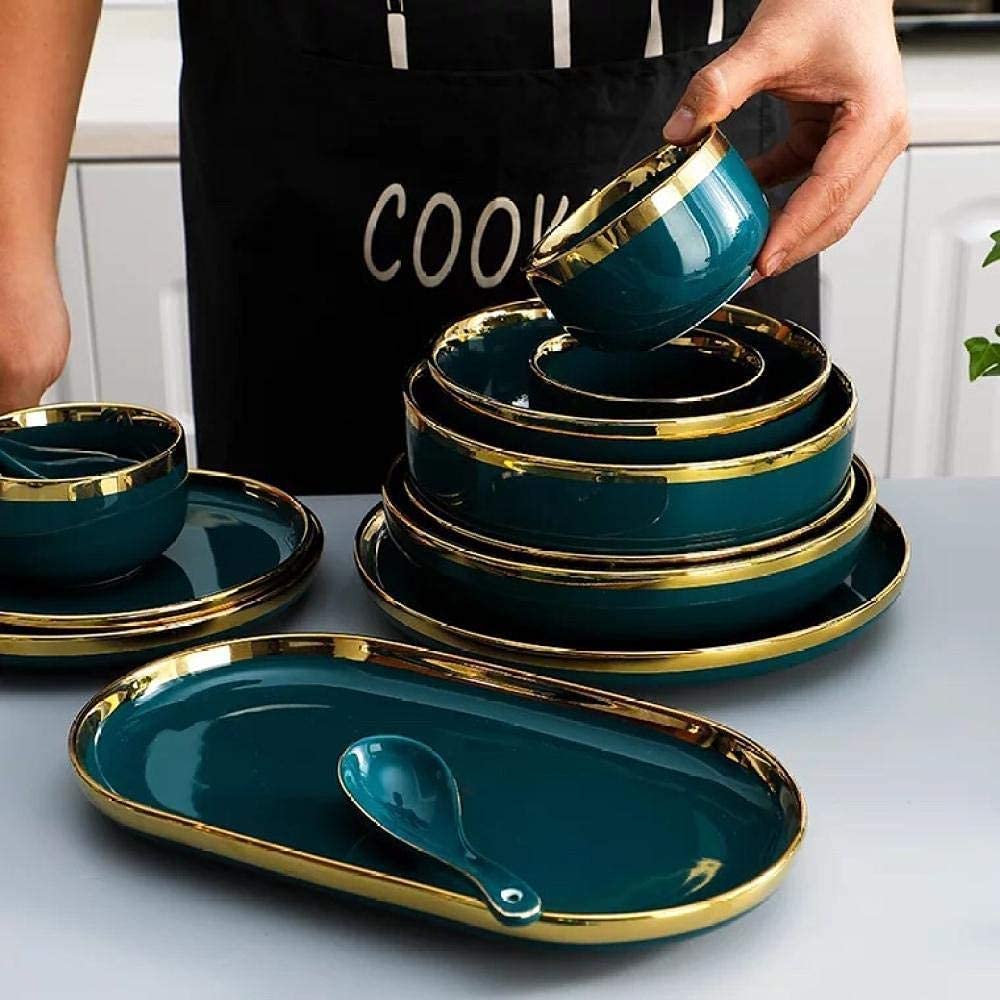 Talerze Miska w kolorze zielonym ze złotą obwódką Zestaw ceramicznych zastaw stołowych, ceramiczny zestaw obiadowy Zestaw porcelanowych zastaw stołowych, 18-częściowy zestaw