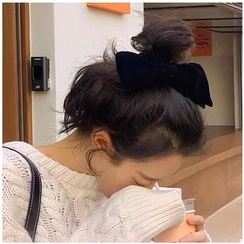 Miniatura 5 de Coleteros de terciopelo negro con lazo bandas de goma para atar el cabello coleteros negros para el cabello soporte de cola de caballo de terciopelo