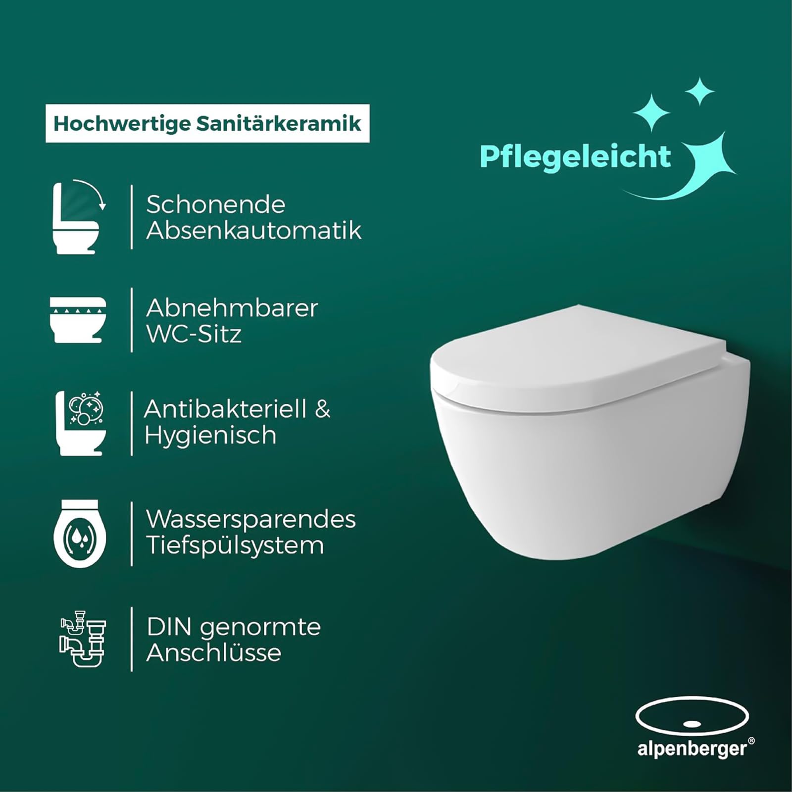 Alpenberger Taharet Hangtoilet – Randloos, Met Nano-coating, Bidetfunctie, Softclose, Wit, 52x35,5x40 Cm
