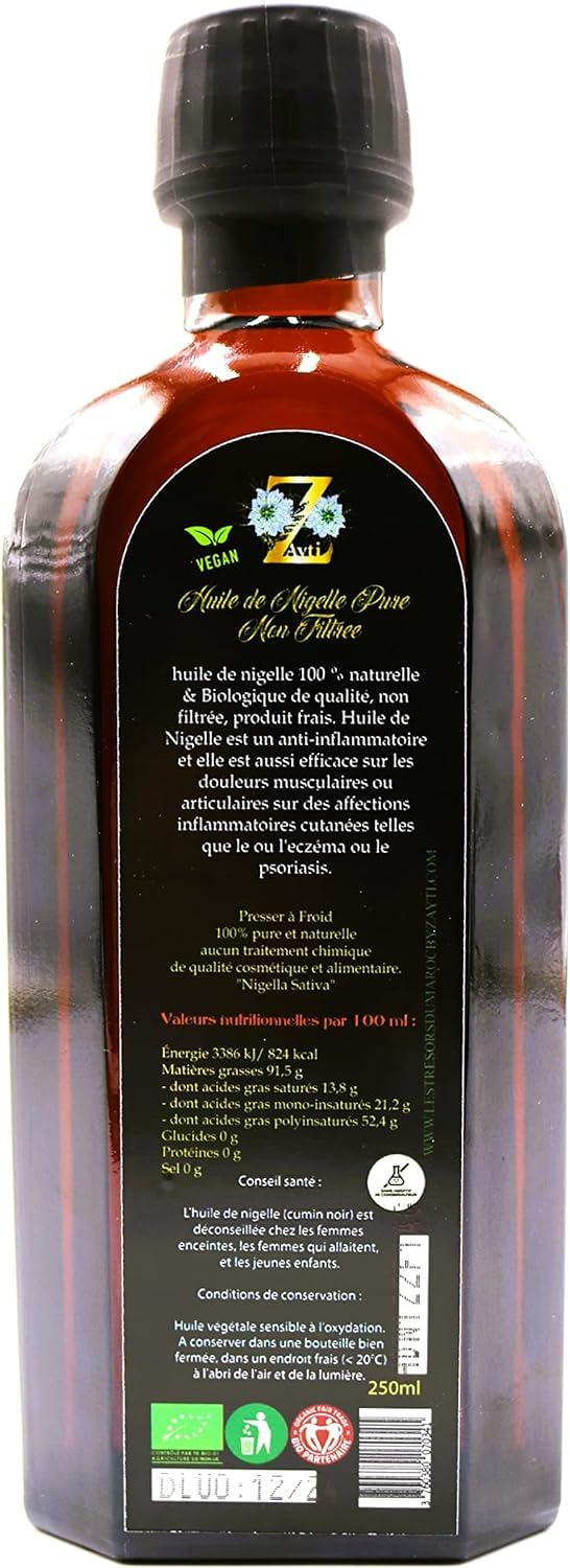 Huile de graine de Nigelle Pure vierge 250 ml Cumin Noir.1x unité Première Pression à froid 100% pure et végétale (250ml)