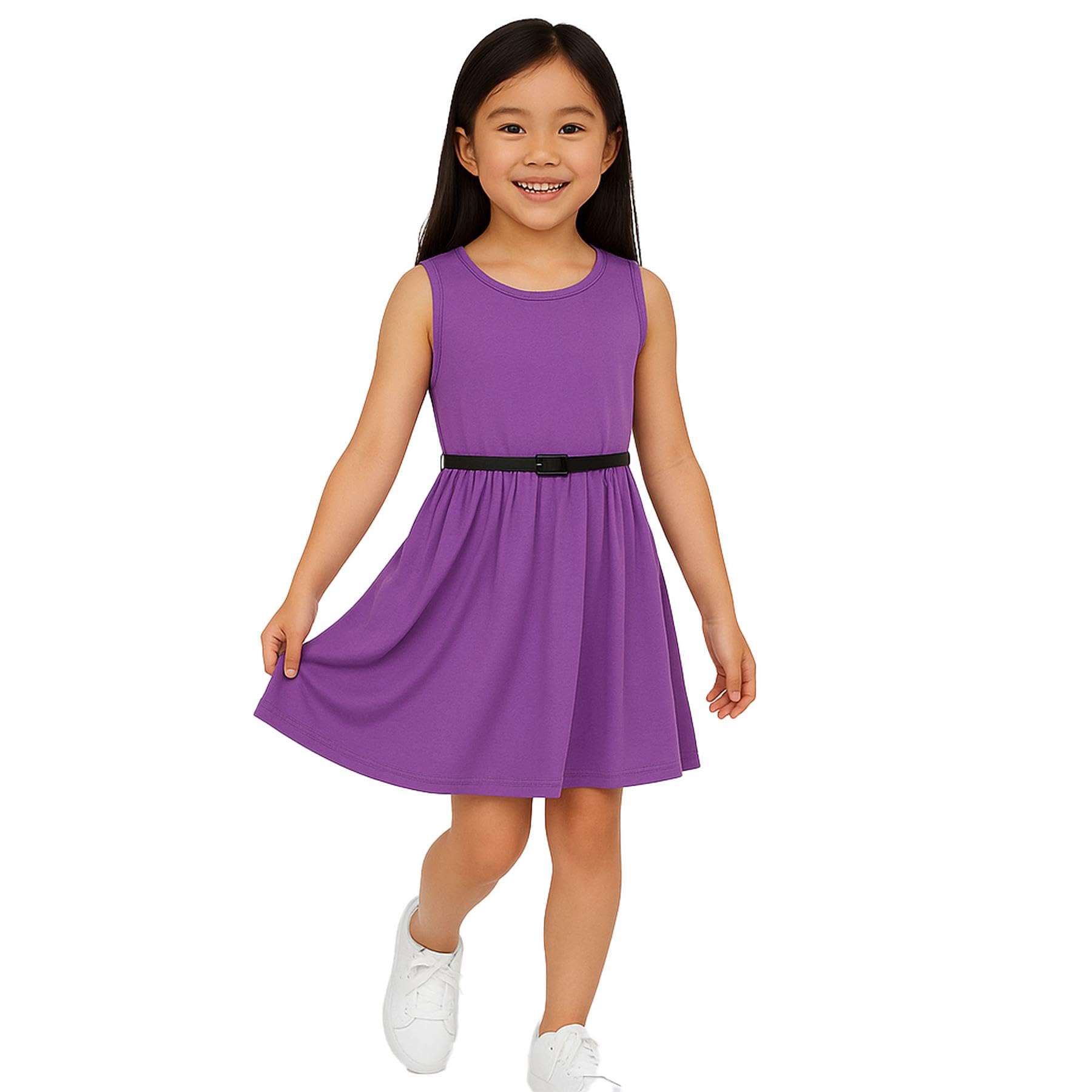 A2Z 4 Kids Girls Plain Skater Dress Party Fashion Summer Dresses Round Neck Sleeveless Flared Lightweight Dress with Free Belt Age 5-13 Years