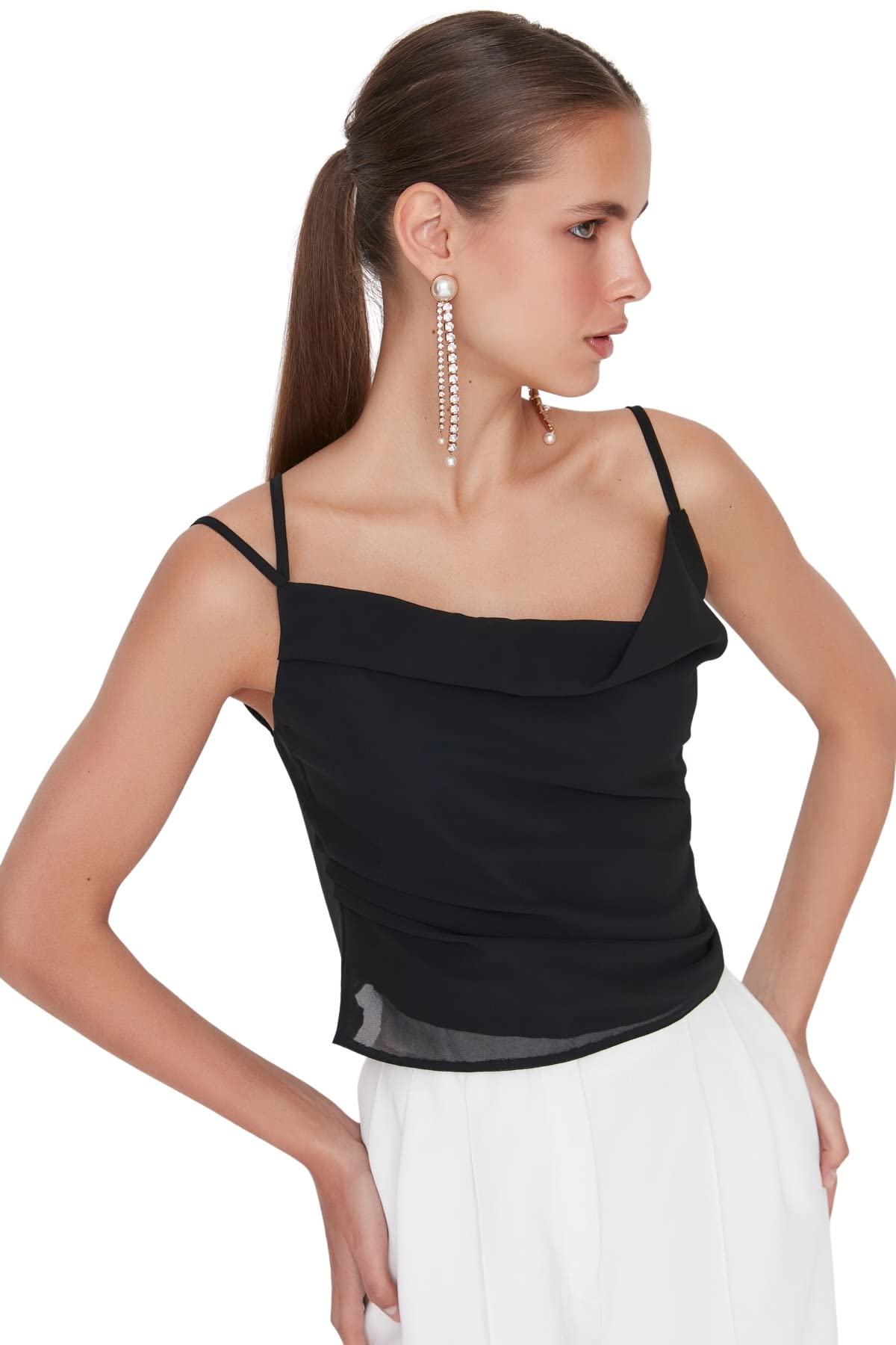 Trendyol Women Glam Regular Basic Asymmetrical Collar Woven Blouse Black