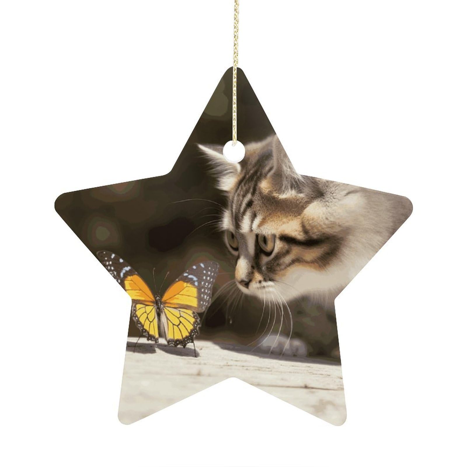 Cat and Butterfly Stars Ornaments Ceramic Christmas Tree Hanging Light in Weight Christmas Star Pendants Funny Double-Sided Printed Xmas Ornaments for Gifts