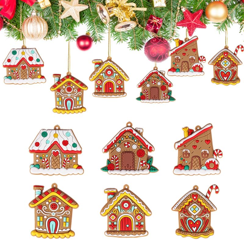 Goledele Paquete de 12 adornos de casa de pan de jengibre para árbol de Navidad, adornos colgantes para árbol de Navidad, decoraciones de árbol de Navidad, diseño de hombre jengibre con cuerdas,