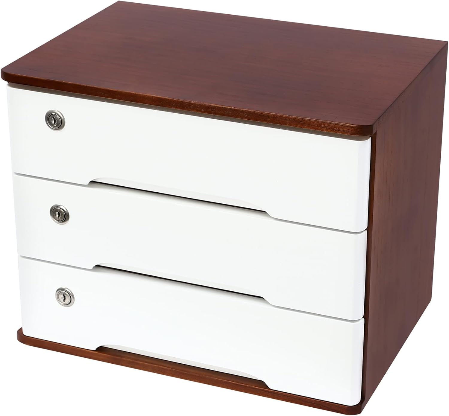 Wood Desk Organizer with 3 Drawers, Lockable Desktop Countertop Storage Cabinet for Home Office Supplies File Tabletop Organizing Unit, 15.75" x 11.02" x 12.2" (Dark Brown + White)