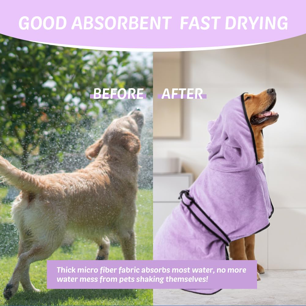 COMFPET Bathrobe Accappatoio per cani per il dopo bagno, asciugamano per animali da bagno, accappatoio con cappuccio per cani e gatti di tutte le razze, asciugamano assorbente, L (viola)