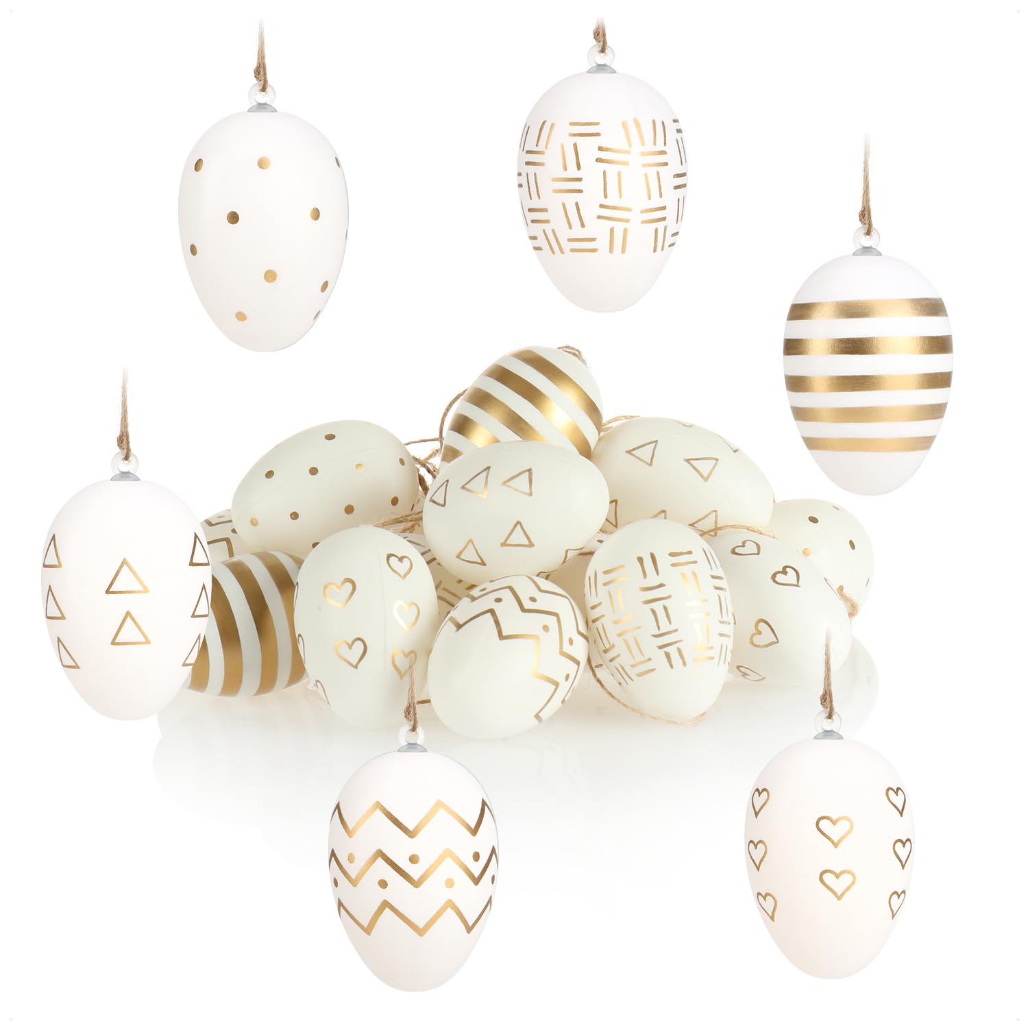 COM-FOUR® 18x Easter eggs to hang up - Easter eggs with pattern white/gold-colored - Hanging decoration made of plastic for the Easter bouquet (18 pieces - white/gold colored)