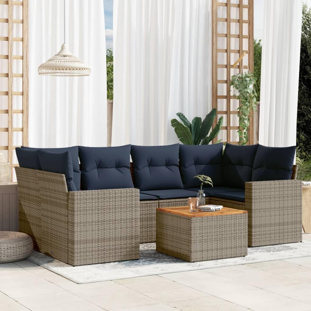 7 Piece Patio Sofa Set Gray Poly Rattan Comfortable Outdoor Furniture Set for Backyard and Terrace
