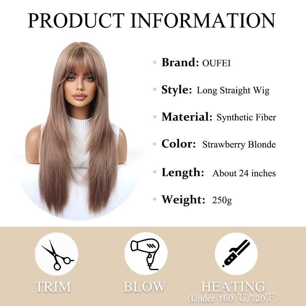 OUFEI Strawberry Blonde Wigs for Women with Bangs Long Natural Straight Synthetic Hair Heat Resistant Wigs for Daily Party Cosplay Wear - Image 2