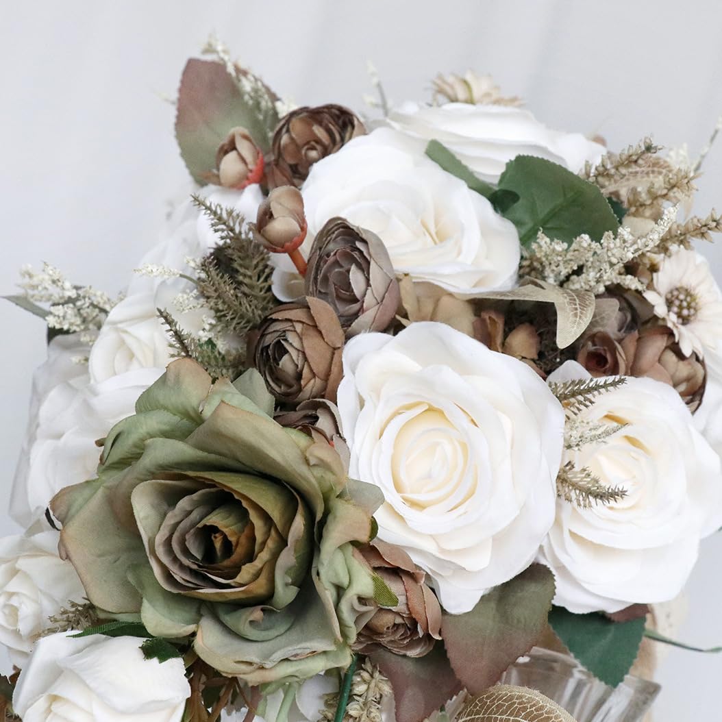 Hochzeit Wasser Tropfen Bouquet für Braut, Braut Wasserfall künstliche Sträuße für Zeremonie Jahrestag Partei Braut Dusche Hochzeit Blumen (Cremeweiß Khaki)