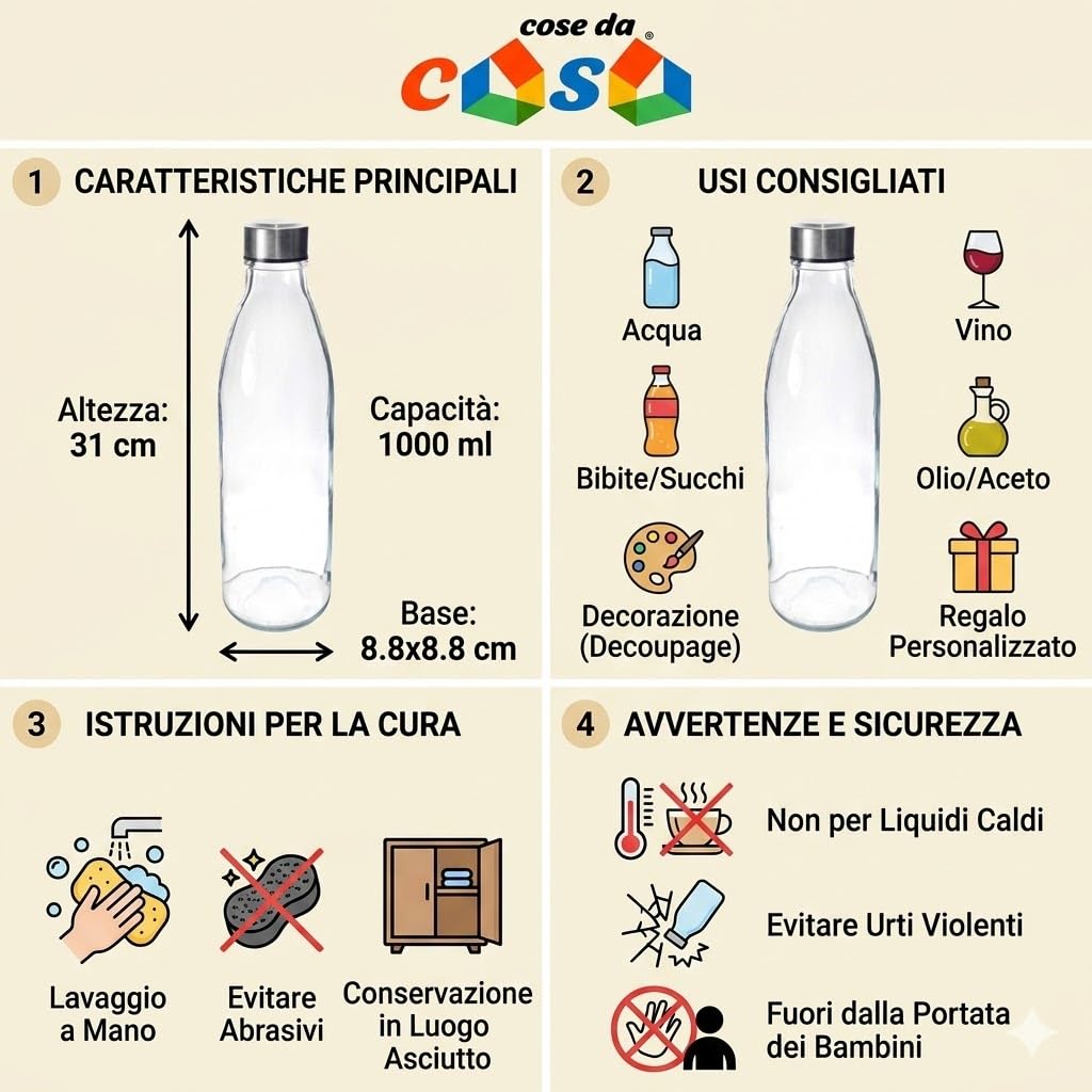 Bottiglia in vetro 1 litro con tappo a vite in acciaio per acqua o vino da tavola dispenser buffet bibite succhi per servire con eleganzaper uso quotidiano o professionale per hotel ristoranti