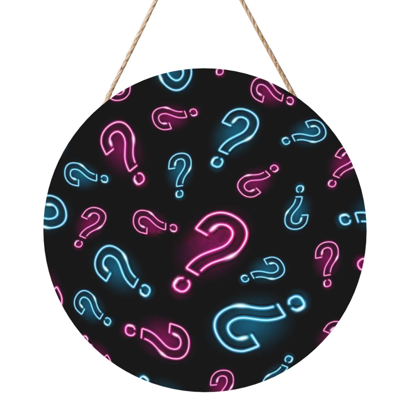 InOmak Neon Question Mark Seamless, Round Wood Panel Painting 12 in, Wall Hanging Painting For Home