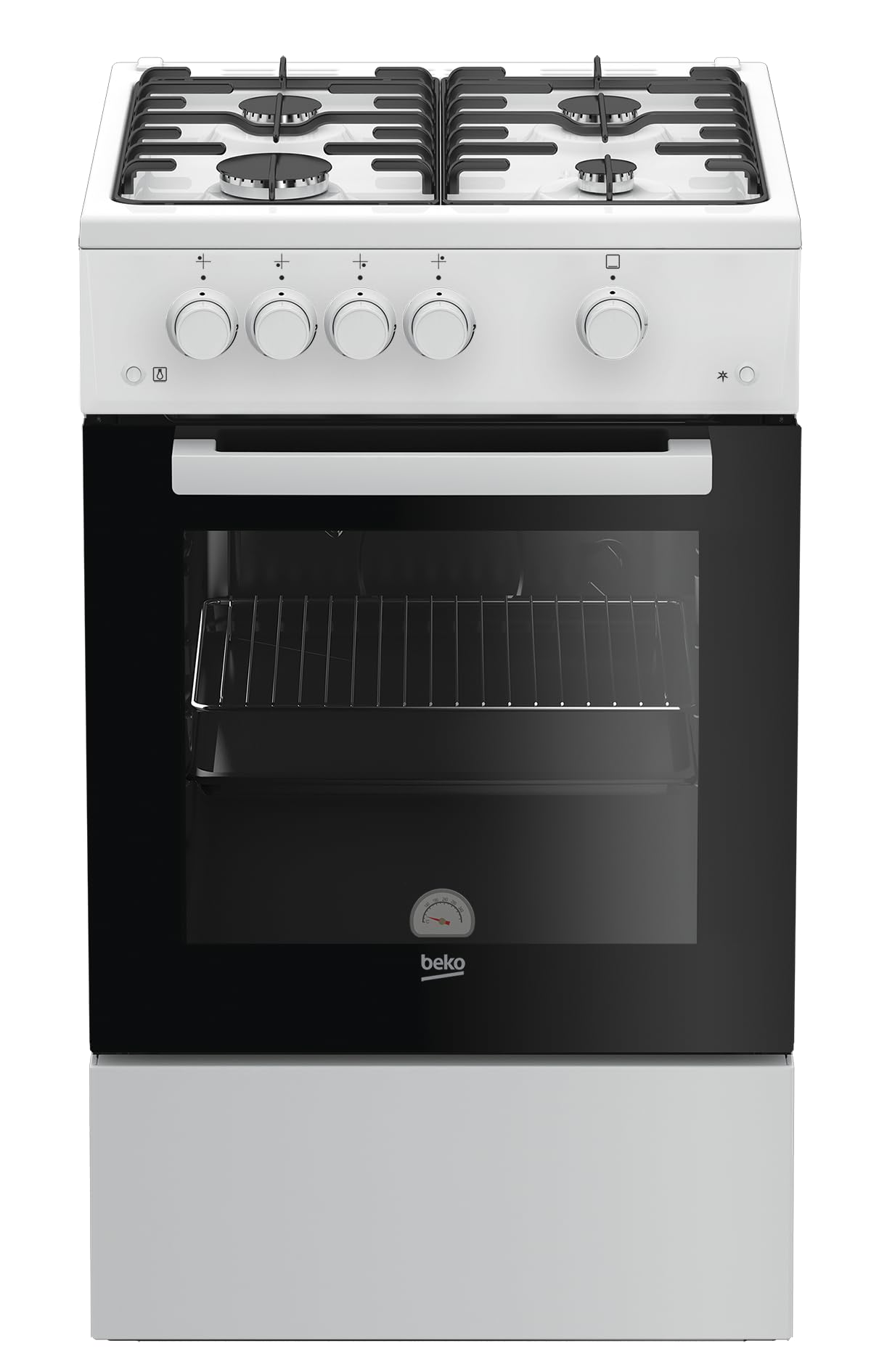 Beko FSG52010FW Freistehender Gasherd, Gasbackofen mit Gaskochfeld, 50 cm, 4 Kochzonen, Gasbackofen mit Elektrozündung und Innentemperaturanzeige, herausnehmbares Innenglas, Weiß
