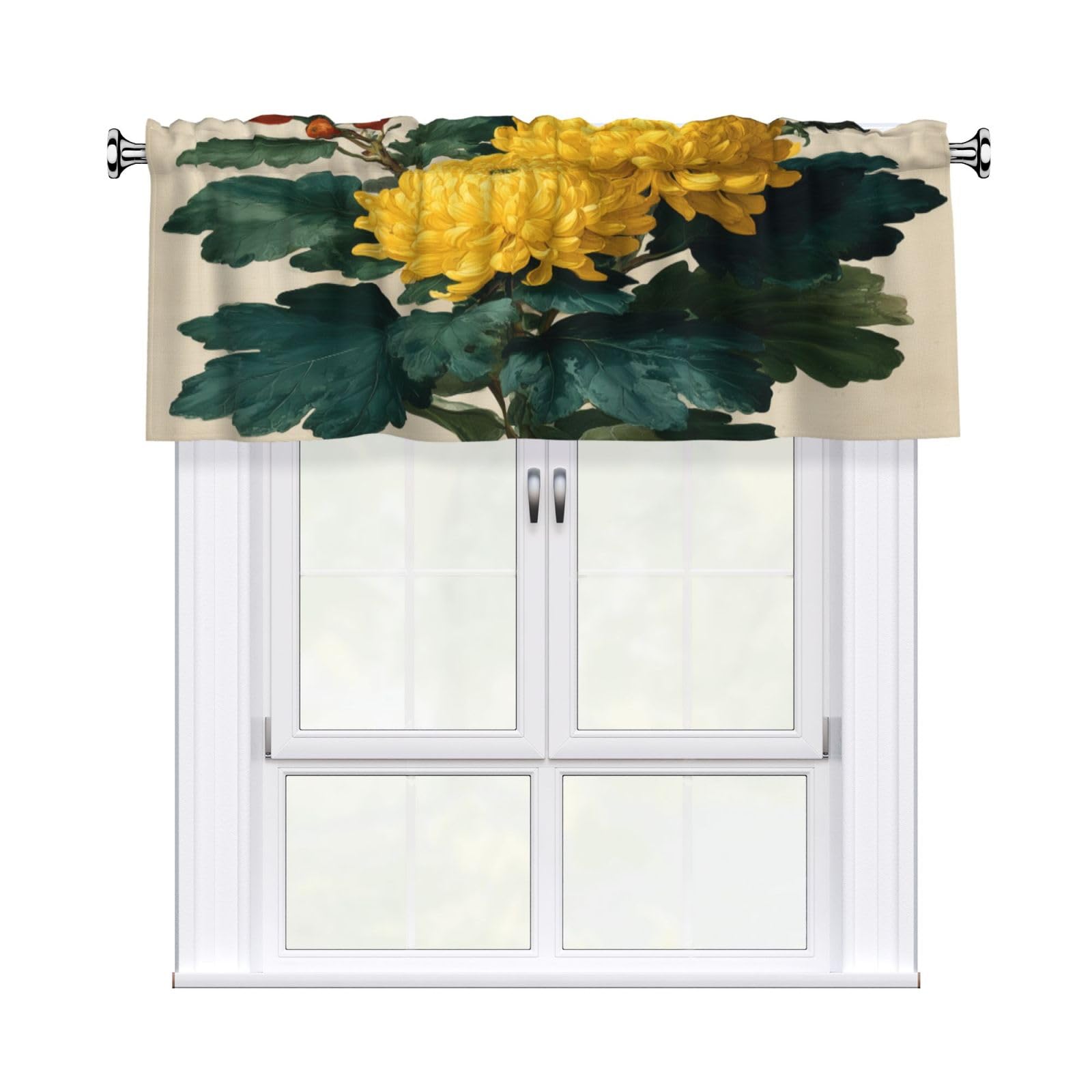 Woshuwo Beautiful Gold Chrysanthemum Valances For Windows Rod Pocket Window Treatment Short Curtains For Kitchen Living Room Bedroom Decor 54x18in