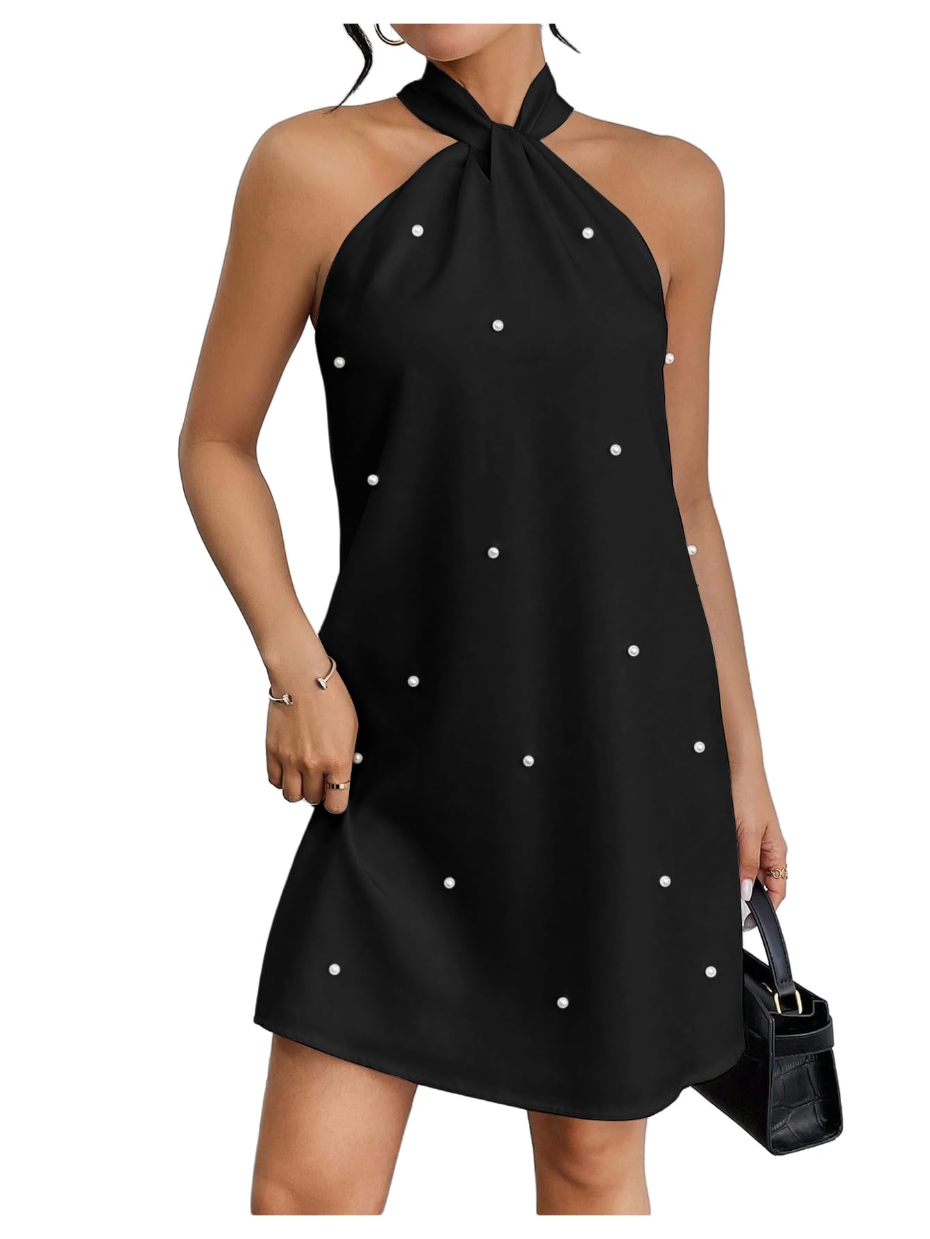 Floerns Pearl Beaded Halter Twist Tie Back Dress