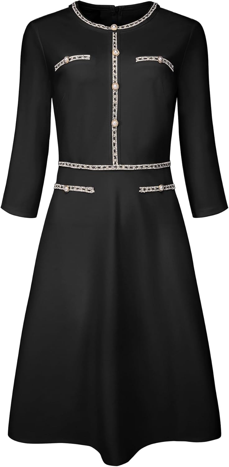 Hobemty Women's Church A-Line Work 3/4 Sleeve Tweed Midi Dresses