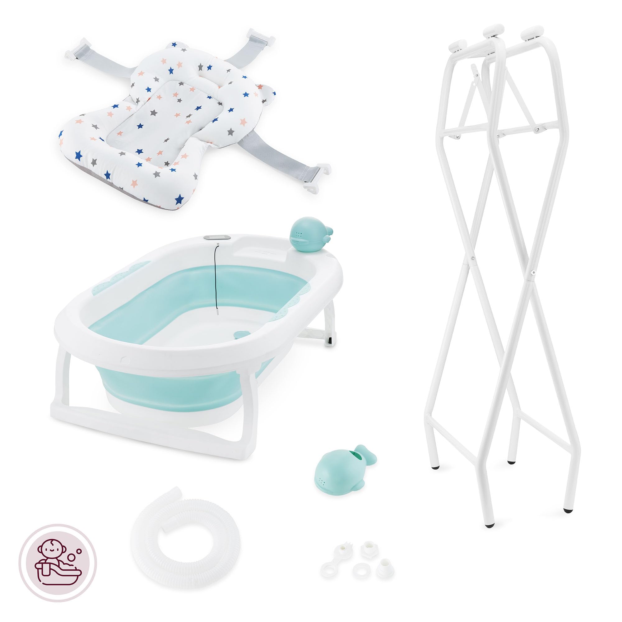 Moby-System Bañera Bebé Plegable con Termómetro LCD Incluye Inserto Soporte Alto y Bajo Vasito de Ballena – Compacta y Segura desde Recién Nacido – Menta