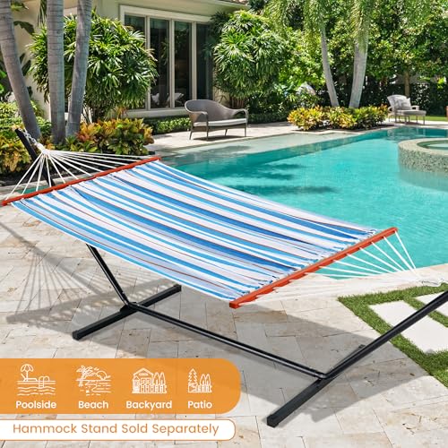 Lazy Daze Hammocks Cotton Fabric Double Hammock with 55" Spreader Bar, Portable Camping Hammock with Carrying Bag & Tree Straps for Patio, Backyard, Balcony, 450lbs Capacity, Blue & White by Lazy Daze Hammocks - Used condition - Image 2