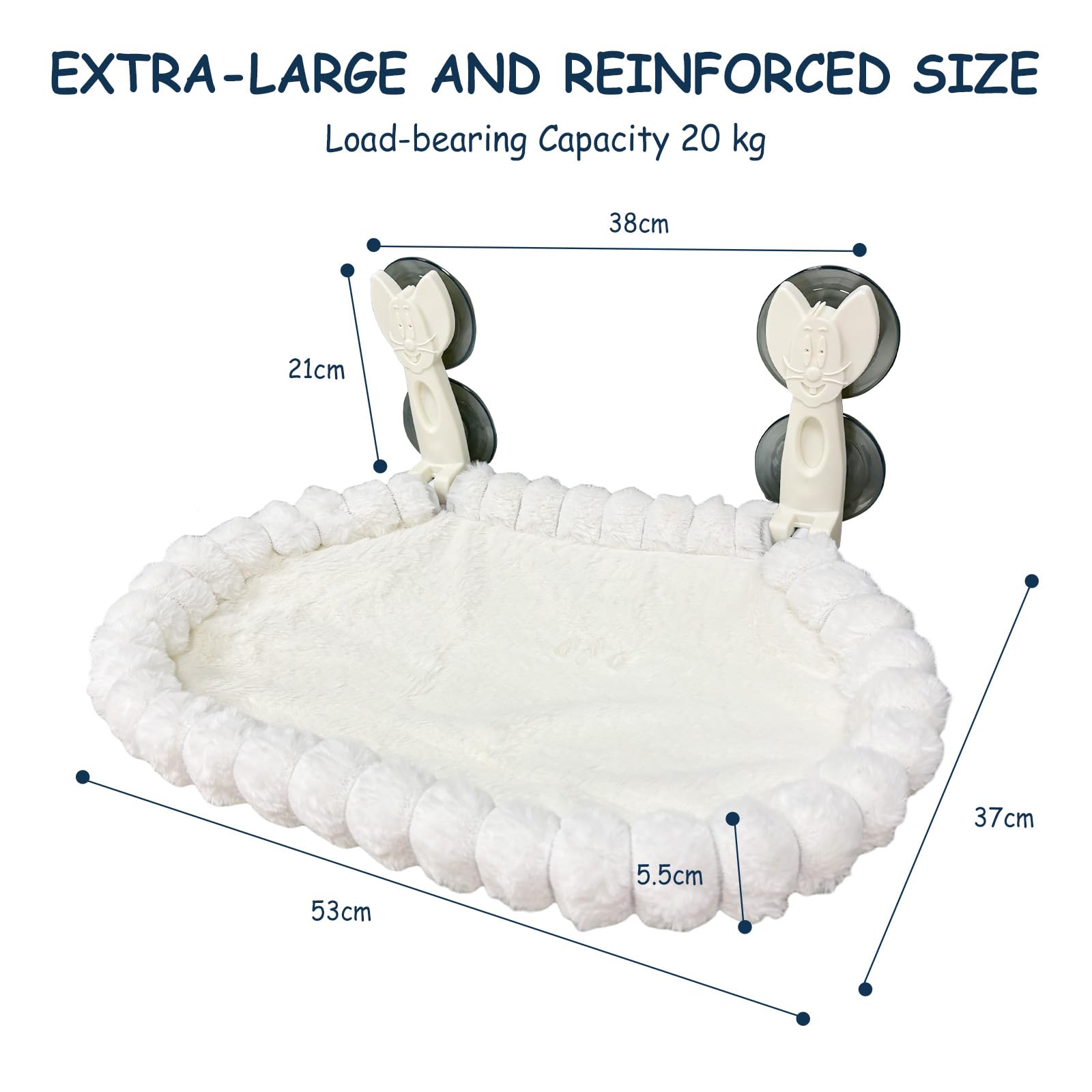Hamac Chat Fenetre Pliable et Démontable, Luxe Lapin Doudou, Supporte jusqu'à 20kg, 53x37cm, Coussins Réversible pour Bain de Soleil et Repos, Cadre Métallique, Blanc