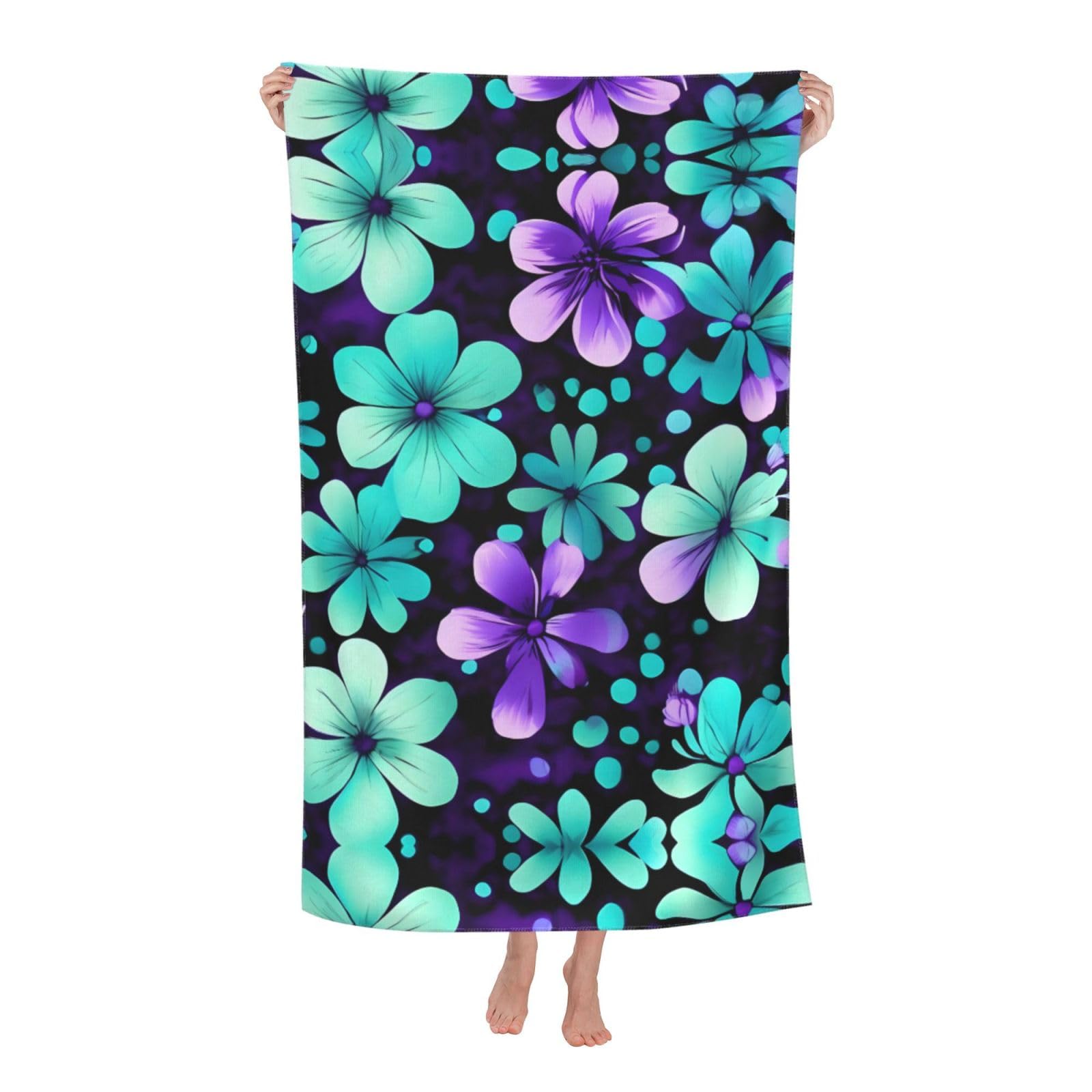 NImongt Purple And Teal Flowers Print Oversized Adult Beach Towel For Travel Weekend Getaways Festivals Camping Trips