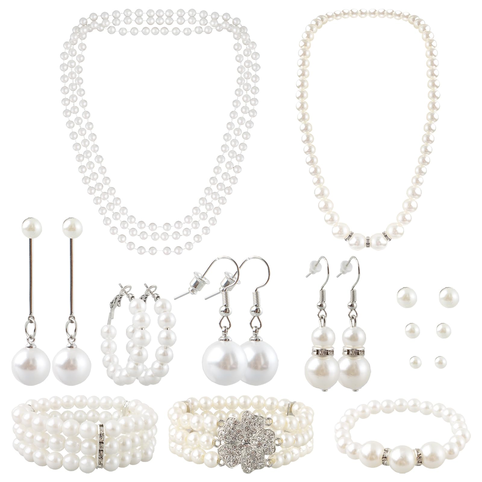 19 Pcs Pearl Necklace & Earrings Set - Faux Pearl Bracelet & Costume Jewelry for Wedding & Gift