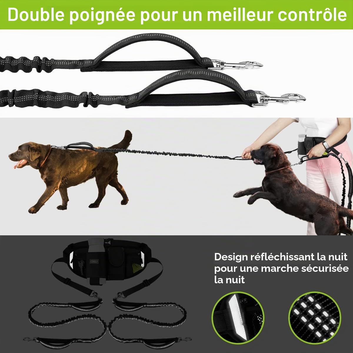 ETACCU Laisse Libres pour 2 Chiens, Poignée de Circulation Robuste, Laisse Canicross Chien, Ceinture Réglable avec pochette, Couture Réfléchissante, Idéal pour Course à Pied et Marche