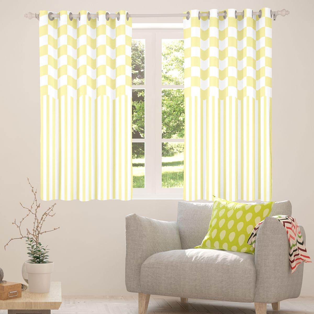 Homewish Żółte i białe zasłony zaciemniające w paski, 117 x 183 cm, w kratkę, zasłony na przelotkach do salonu, sypialni, prosty design, 2 panele, sztuka nowoczesna, estetyczna dekoracja