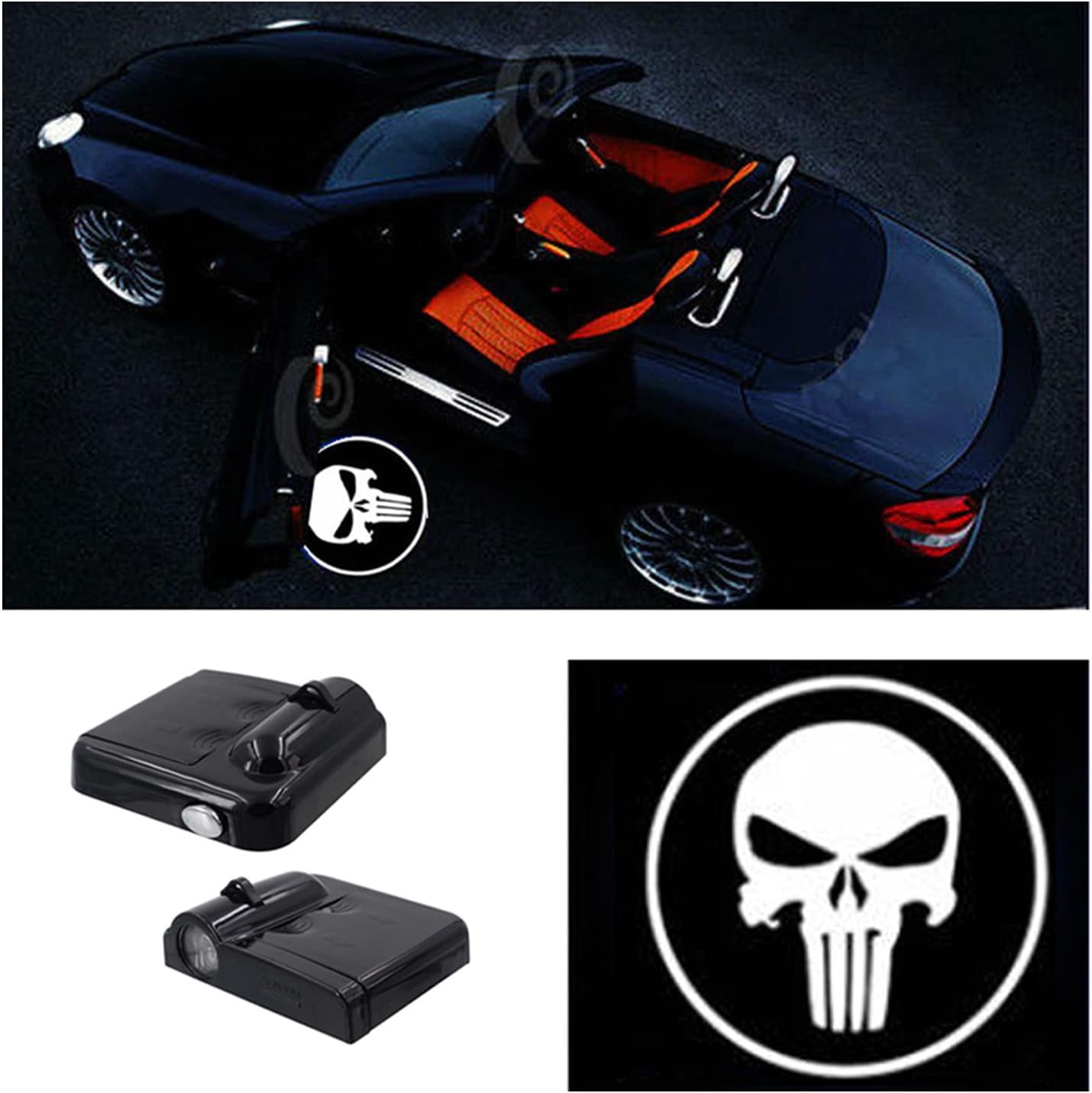Premium Car Door Light 2 Pcs Easy Installed Welcome Laser Projector Pastable Led Logo Light Holeless Magnet Sensor Ghost Shadow Lamp Logos (Skull)