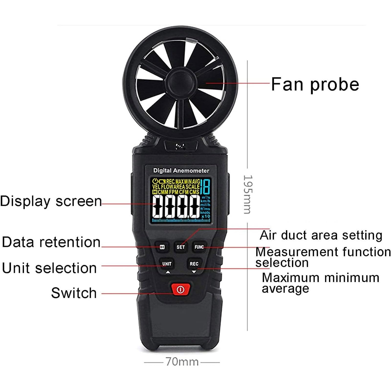 JOSBY Anemómetro con Pantalla Digital LCD, medidor de Flujo de Aire para medir la Velocidad del Viento, la Temperatura y la sensación térmica, Tiempo de muestreo de 0,5 s/Pieza, para Volar y Escalar