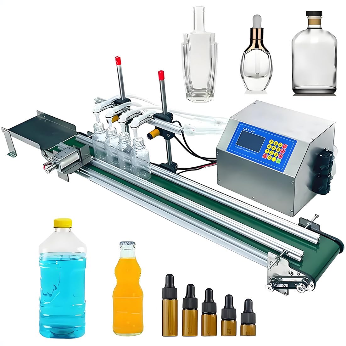 Automatyczna maszyna do napełniania płynów z przenośnikiem taśmowym, napełniacz do butelek 10-500 ml do detergentu do soku i wina