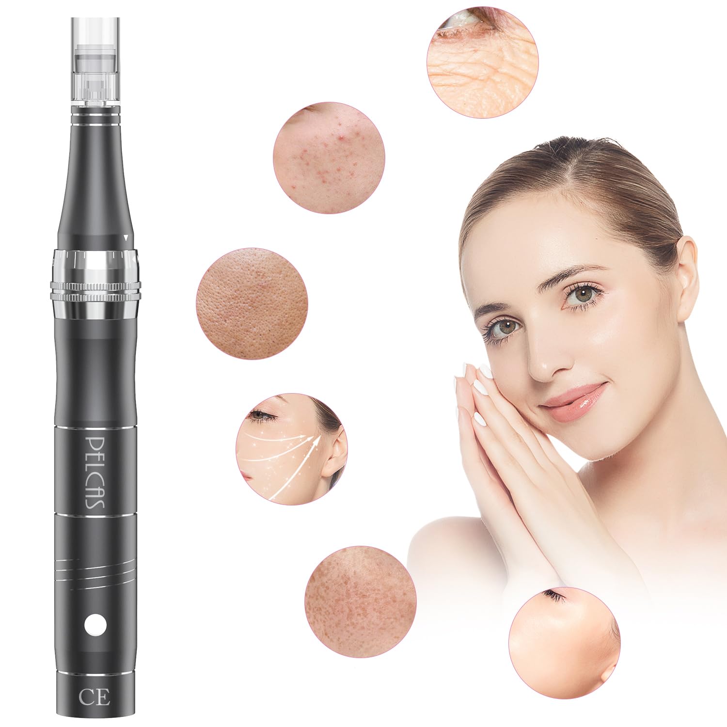 PELCAS Derma pen Elektrischer Mikroneedling Schönheit Pen Mikronadelstift Wiederaufladbar Verstellbar Länge mit 3 Geschwindigkeiten 12 Ersatzköpfe Tragbares Microneedling Gerät für Gesicht Haut Grau