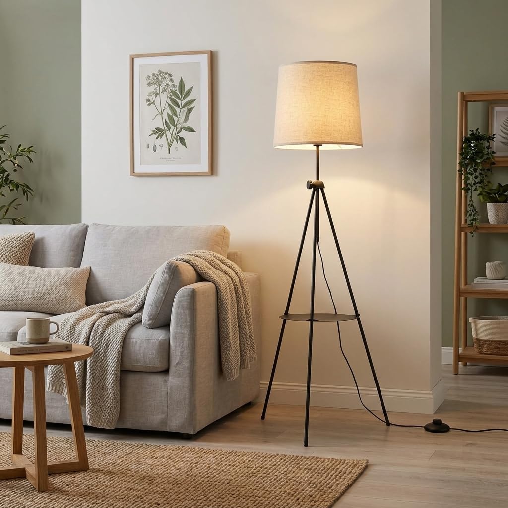 BARCELONA LED Stehlampe Madison Beige Mit Beistelltisch | Beiger Textilschirm, Stabiles Dreibeingestell, Höhenverstellbar, E27 Fassung, Angenehmes Raumlicht