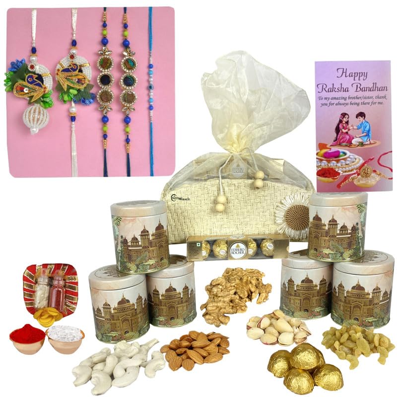 Image of NUTRI MIRACLE Rakhi Treat Box - Assorted Chocolates, Cashews, Almonds Jar