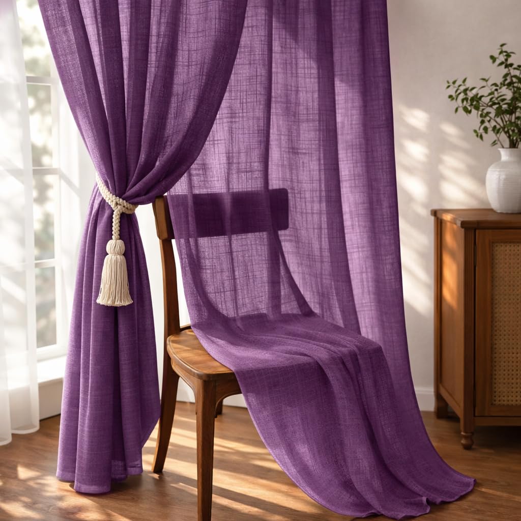 THE LINEN COMPANY Sheer Door Curtains, Voile Transparent Window Curtains with Rod Pocket, Light Filtering Curtain Panels for Living Room & Bedroom, Plum, 8 Feet, Pack of 2