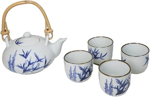 Ebros Gift Juego de té de porcelana japonesa azul y blanco con diseño de hojas y ramas de bambú japonés de 11 onzas y 4 tazas de 2 onzas con mango