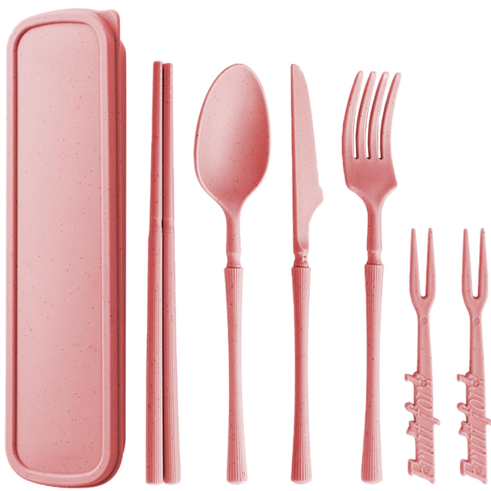 Camping Cutlery Utensils Set with Case, Portable Reusable Travel Plastic Spoon Fork Knife Chopsticks for Lunch Box Picnic Work School or Daily Use (Pink)