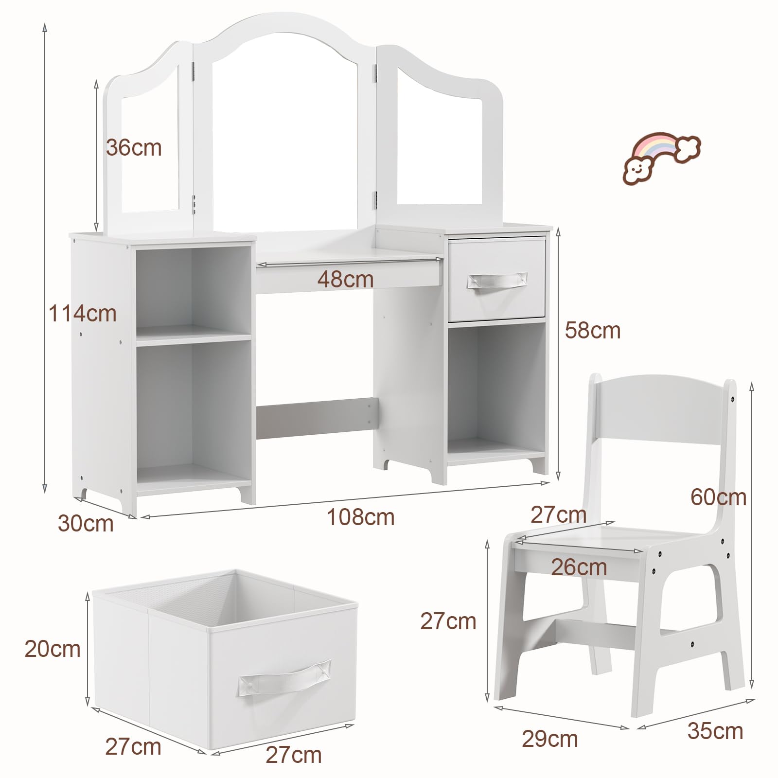 Clevich Coiffeuse Enfant 2 en 1, Amovible, Coiffeuse avec Miroir et Tabouret Enfant, Bureau pour Enfants Robuste, avec 4 Étagères et 2 Boîtes de Rangement, pour Enfants de 3 Ans+ (Blanc)