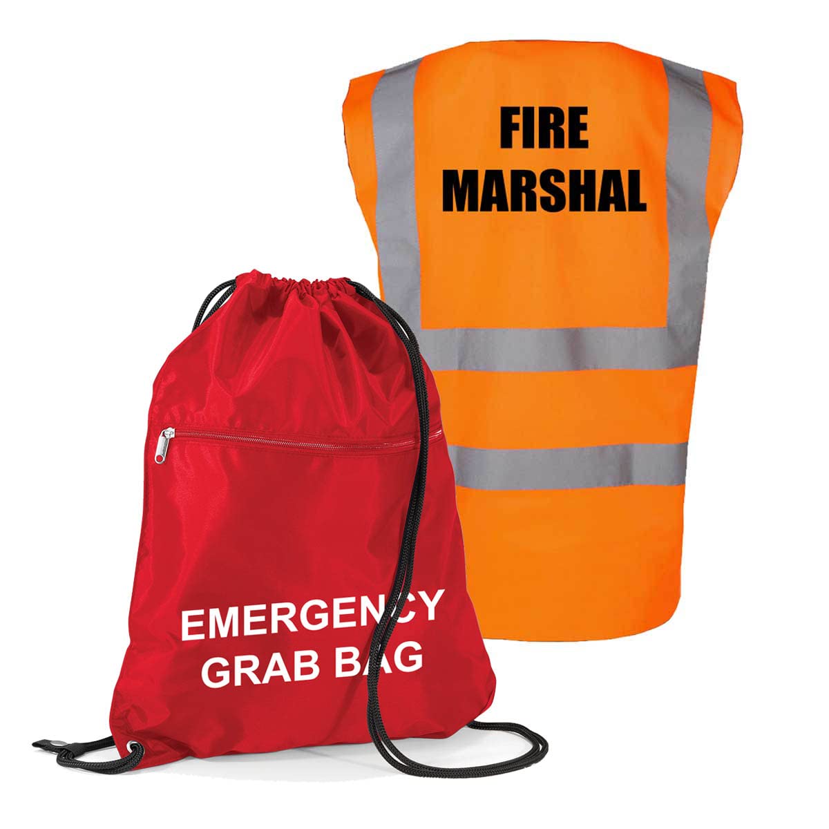 Workplace Emergency Fire Evacuation Kit - Printed Red Documents & Equipment Drawstring Emergency Grab Bag with Hi Visibility Printed Fire Marshal Vest