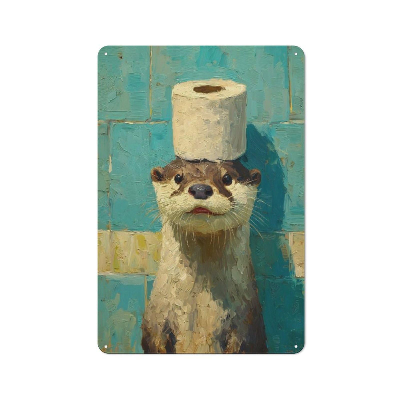 Otter with Toilet Paper Hat Painting Warehouse Style Metal Wall Decor 30x20cm, Industrial Metal Sign for Workspace, Cafe, Hallway Or Garage
