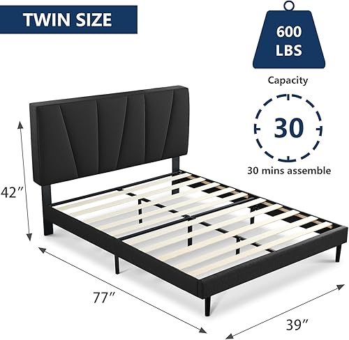 Miniatura 2 de Molblly Base de cama individual tapizada con cabecero y listones de madera fuertes, fuerte capacidad de peso, antideslizante y sin ruido, no