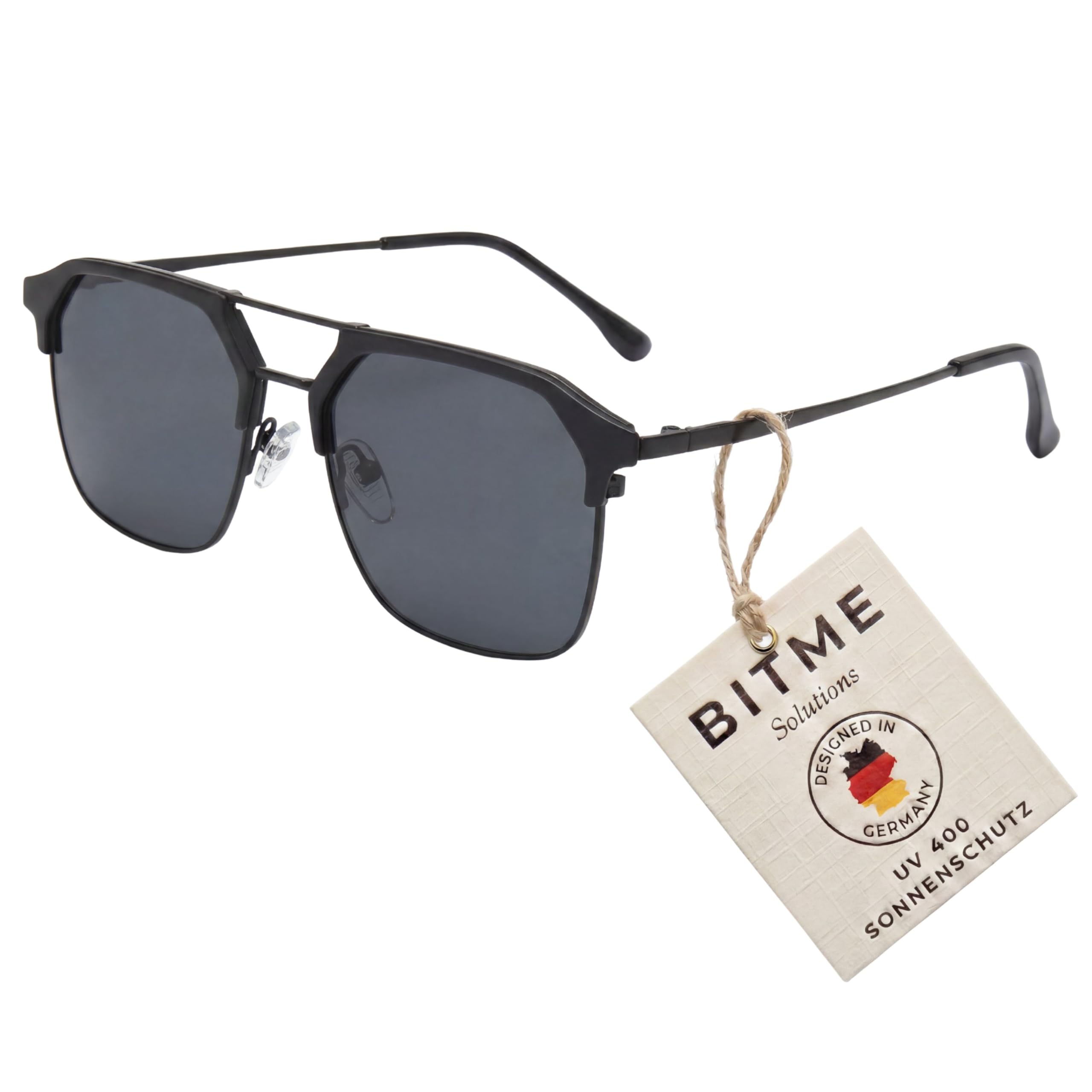 BitME Solutions Retro Sonnenbrille Unisex – Vintage Doppelsteg Navigator Design mit UV400 Schutz – Eckige Sonnenbrille für Damen & Herren inkl. Etui Schwarz