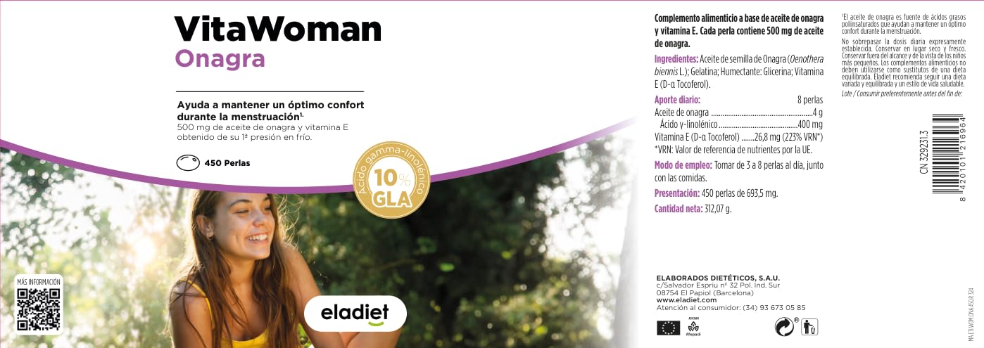 Eladiet VitaWoman Aceite de Onagra 10% GLA - 450 Perlas [5 Meses] con Vitamina E - Salud Hormonal Mujer y Bienestar en la Menstruación